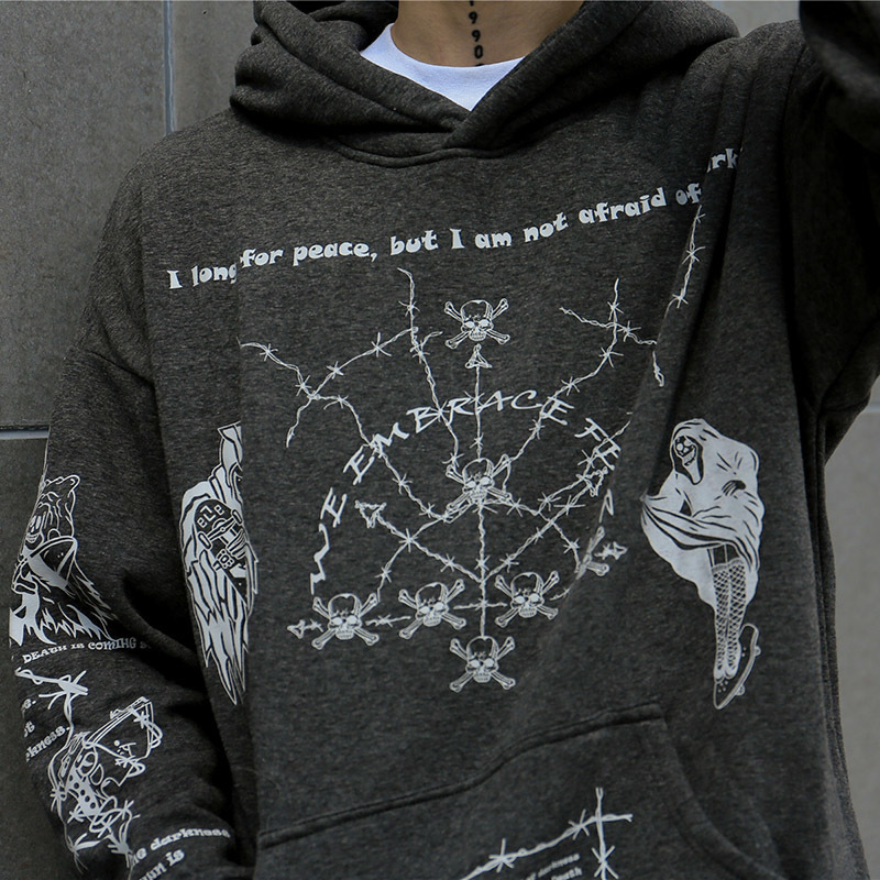 Hip Hop Hoodie Sweatshirt Men Streetwear Skull Graffiti Print Hoodie Pullover Cotton Autumn Grey Harajuku Punk Clothes New 201104