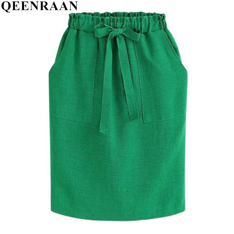 Spring Summer Elegant Midi Skirts Womens Office Pencil Skirt Cotton Elastic Waist Package Hip Skirt Bow Skirt Green 210306
