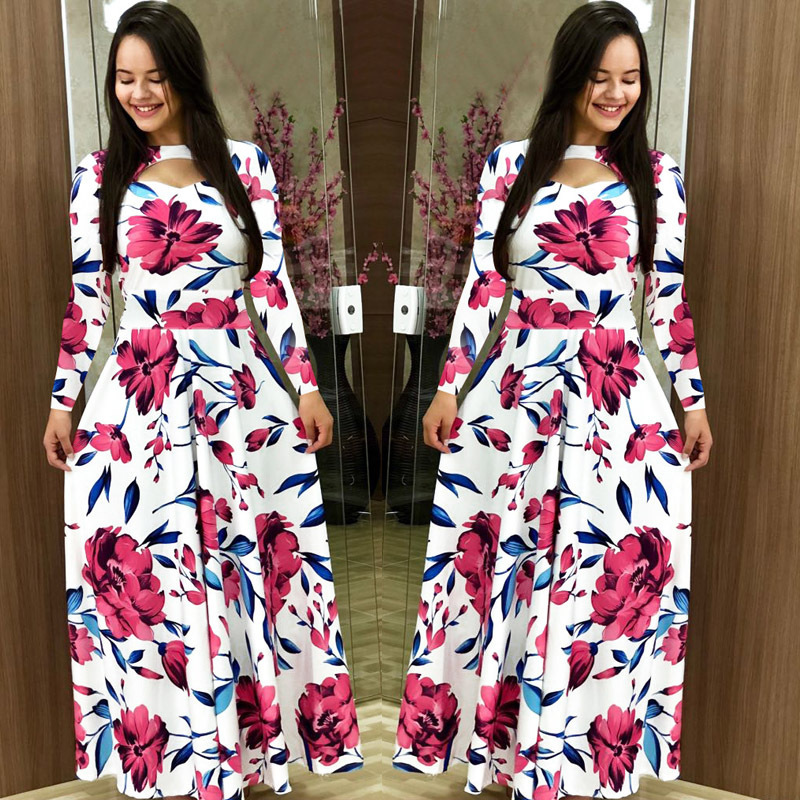 Flower Print Winter Dress Woman Casual Bohemia Long Sleeve Dresses For Women Elegant Plus Size Maxi Vestidos Autumn Dress 210222