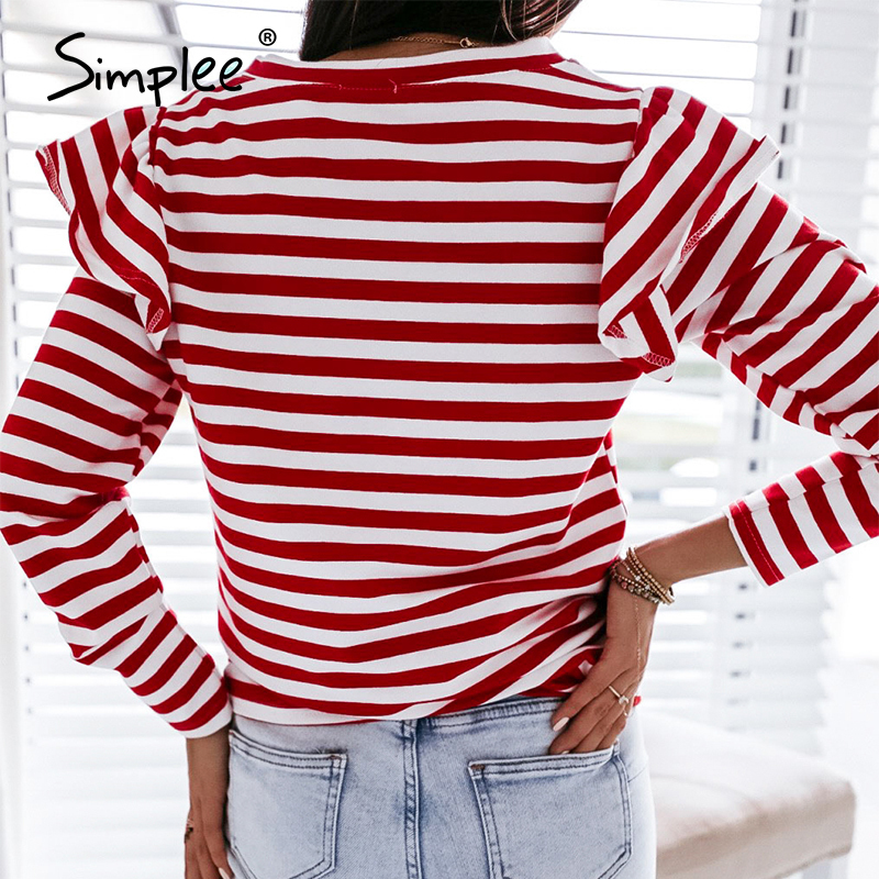 Simplee Causal Long Sleeve Red White Striped Tops For Female Autumn Winter Ruffled Base Shirt Streetwear O-neck Women Tops 210302