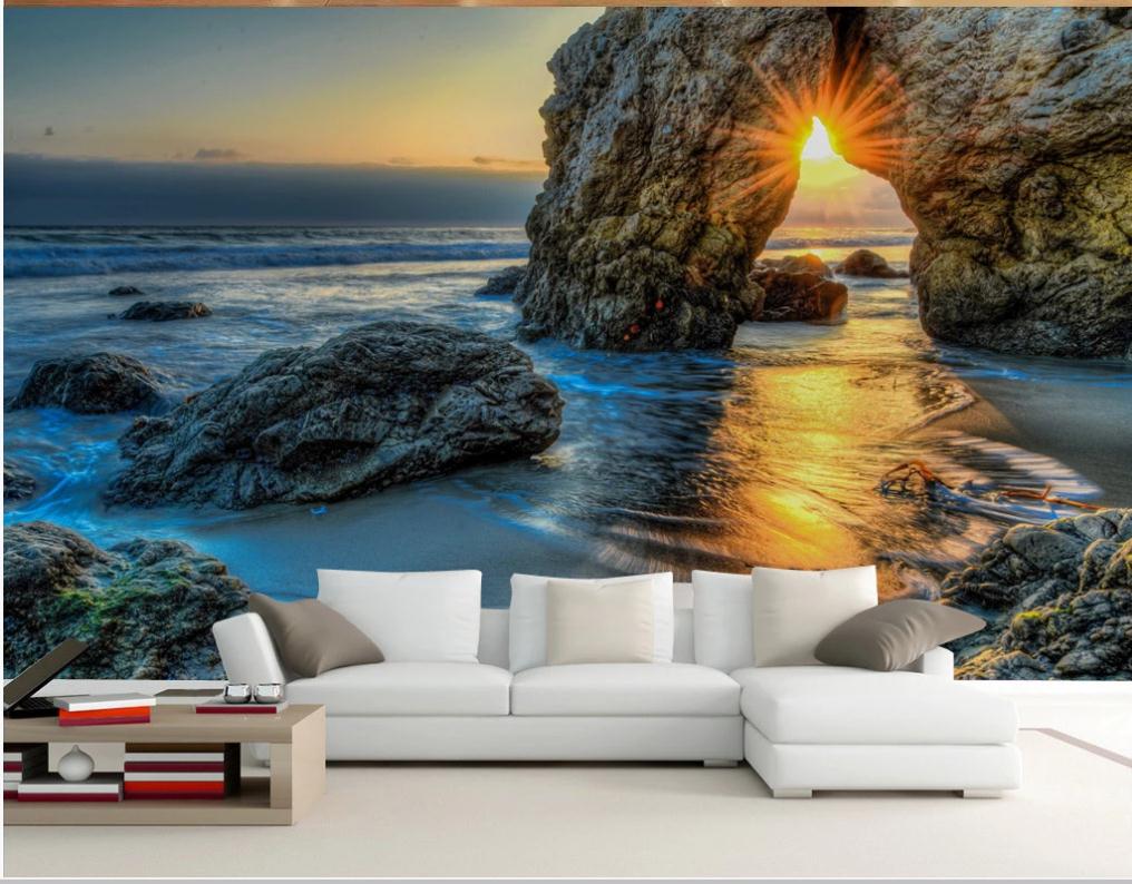 3d stereoscopic wallpaper Sea sunset landscape oil painting TV background wall 3d landscape wallpaper