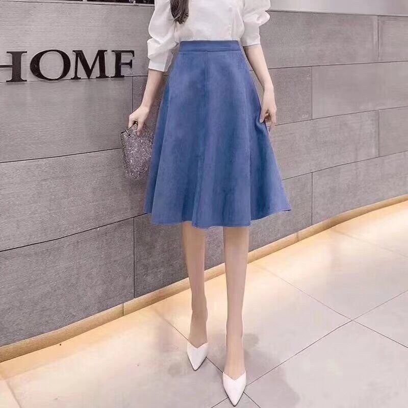 Neophil Women Suede High Waist Midi Skirt Winter Vintage Style Elastic Ladies A Line Black Green Flare Fashion Skirt S29A4 210306