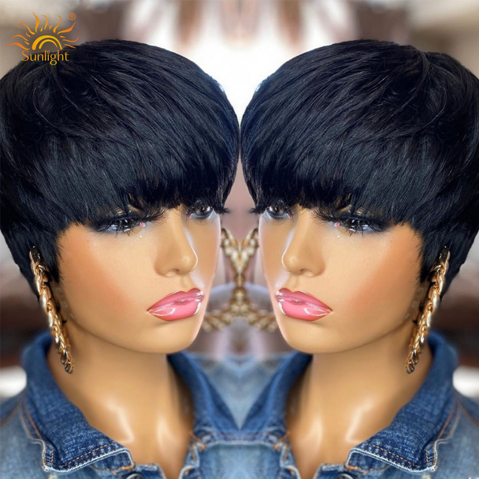 Natural Black Short Straight Hair Wig Peruvian Human Hair Wigs With Bang For Women ombre blonde 99J color pixie cut Wig