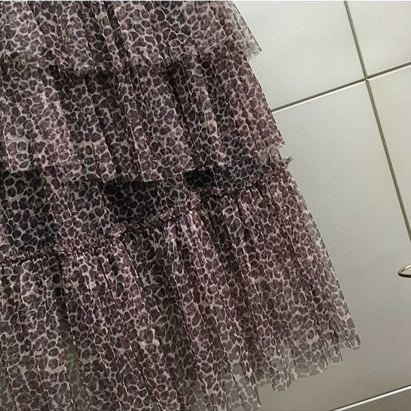 Flectit Leopard Tulle Skirt Women Autumn Winter Asymmetrical Layered Ruffle Mesh Midi Vintage Style * 210621