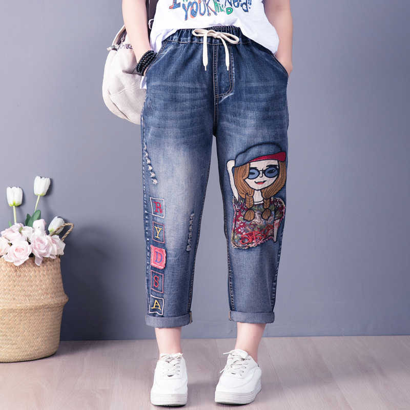 Cartoon Gril Embroidery Jeans Women Spring Fashion Elastic Letter Patchwork High Waist Denim Harem Pants Lady Casual Trousers 210922