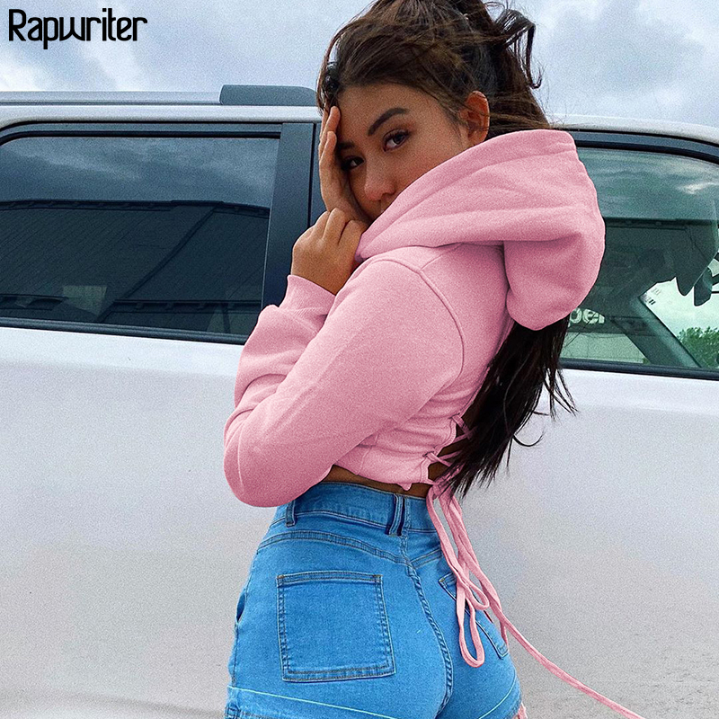 Cross Bandage Tie Up Backless Black Pink Hoodie Sweatshirt Women Autumn Long Sleeve harajuku Hoodies Pullover Crop Tops 201103