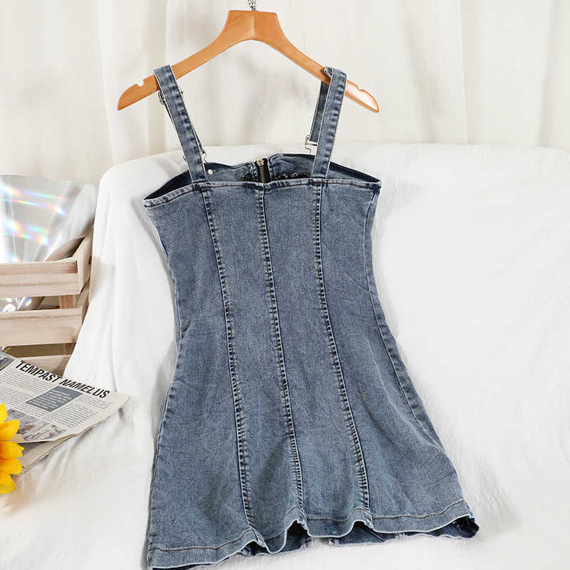 DEAT Women Denim Dress Fashion Spring Summer Ladies Vintage A-line Sling Denim Dress HR369 210709