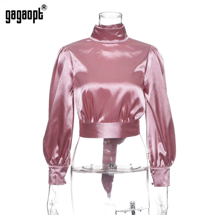 Gagaopt Women Sexy Turtleneck Backless Tops Long Sleeve Elegant Crop Tops Pink Leisure Vacation Home Clothing 210225