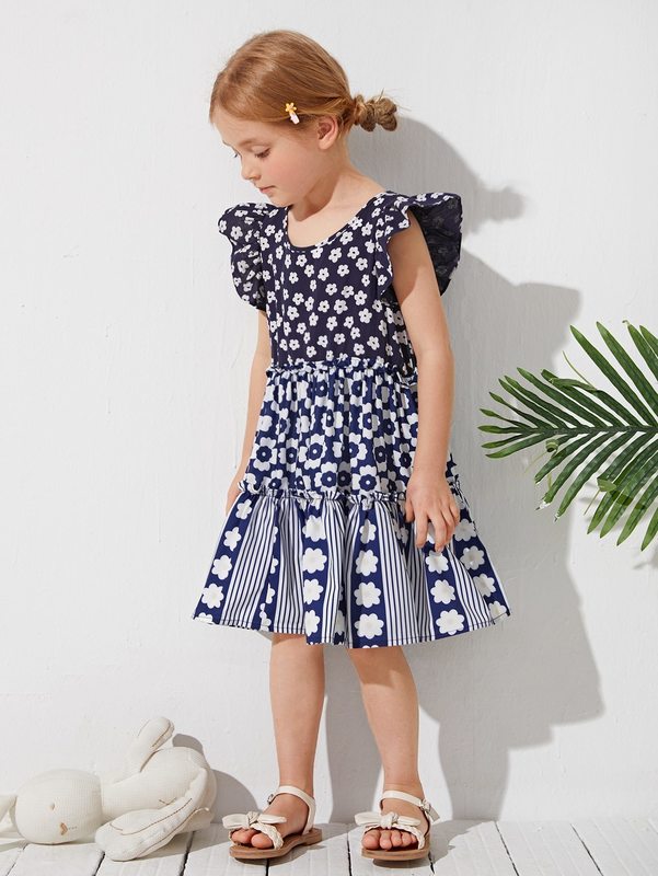 Toddler Girls Frill Trim Floral and Striped Dress SHE