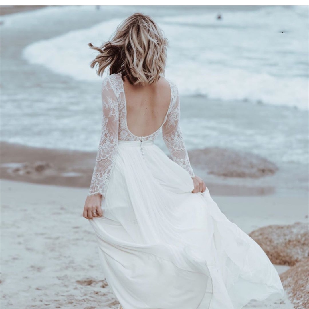 Beach Bohemian Chiffon Lace Wedding Dresses 2021 Illusion Long Sleeve Side Slit Backless Boho Wedding Bride Gowns A Line Vestido De Novia