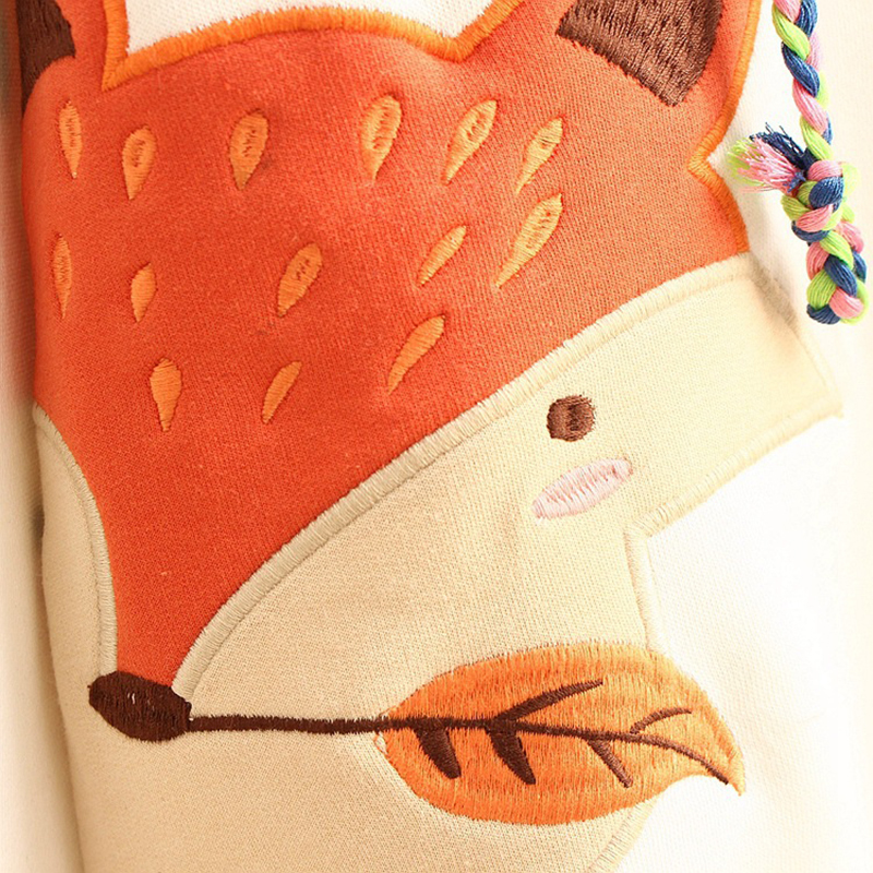 Autumn Cute Fox Embroidered Hooded Sweatshirt Women Clothing Pullovers Plus Velvet Patchwork Female Sweet Thick Warm Hoodies 201126