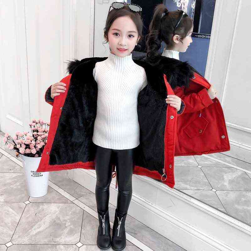 Girls Winter Coat Child Mid Length Thick Jacket and Velvet Cotton Kids Hooded Warm Outerwear Clothes for 12 Year 211222