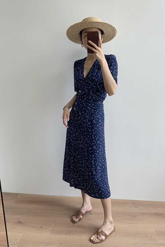 Women Long Wrap Dress Floral Print Short Sleeve Waist Buttons Soft Viscose Sexy Sweet Slim Chic Midi Dress With Belt 210630