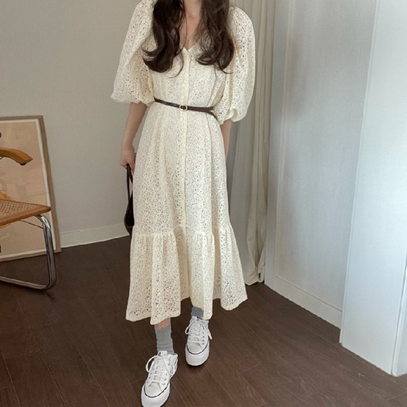 Casual Midi Dress Korean Hollow Out Belt Printed V-collar Temperament Loose Fit Fashion Summer Women's 2P1647 210526