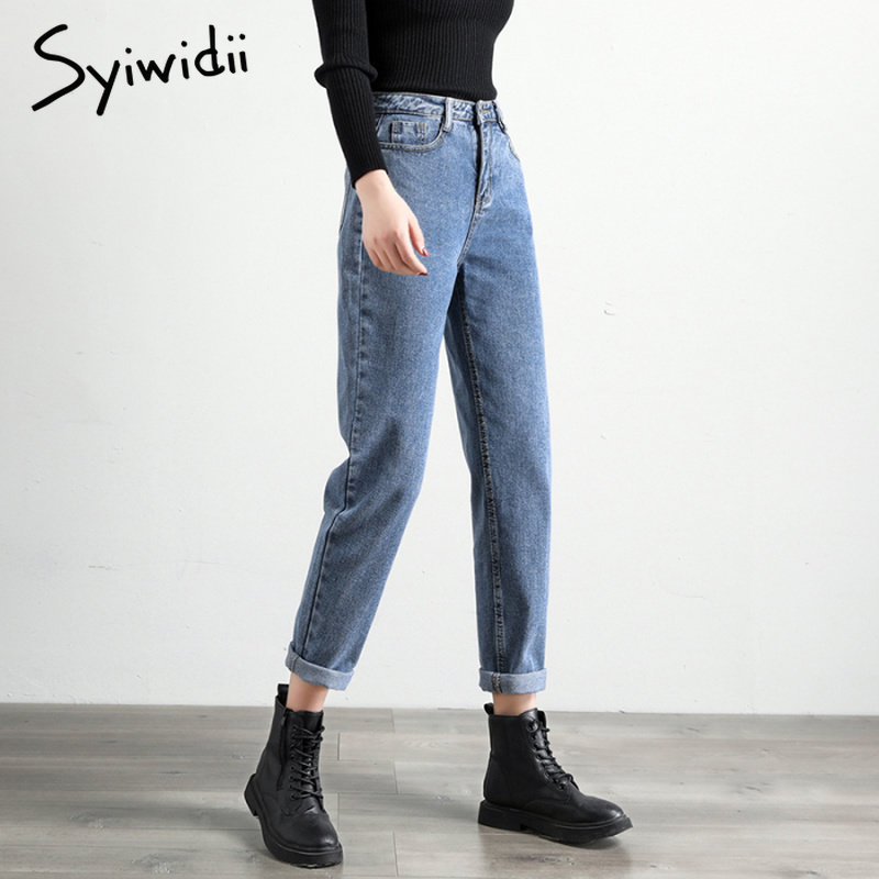 gray blue high waist jeans woman street style cotton mom jeans no stretch plus size women boyfriend jeans vintage harem pants 210222