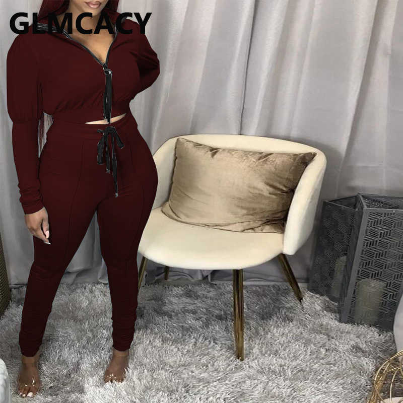 Women Two Piece Solid Tracksuits Long Sleeve Zipper Jacket & Drawstring Pants Set 210702