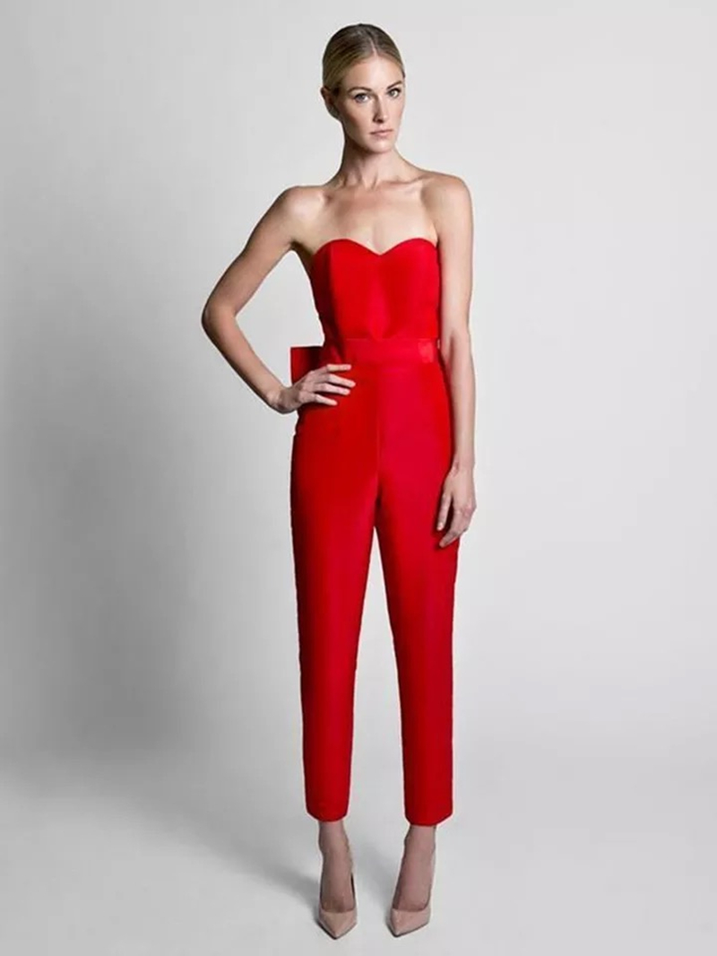 ELegant Red Jumpsuit Evening Dresses With Detachable Skirt 2022 Sweetheart Formal Pants Suit Prom Party Gown With Bow Sleeveless Jumpsuits Special Occ