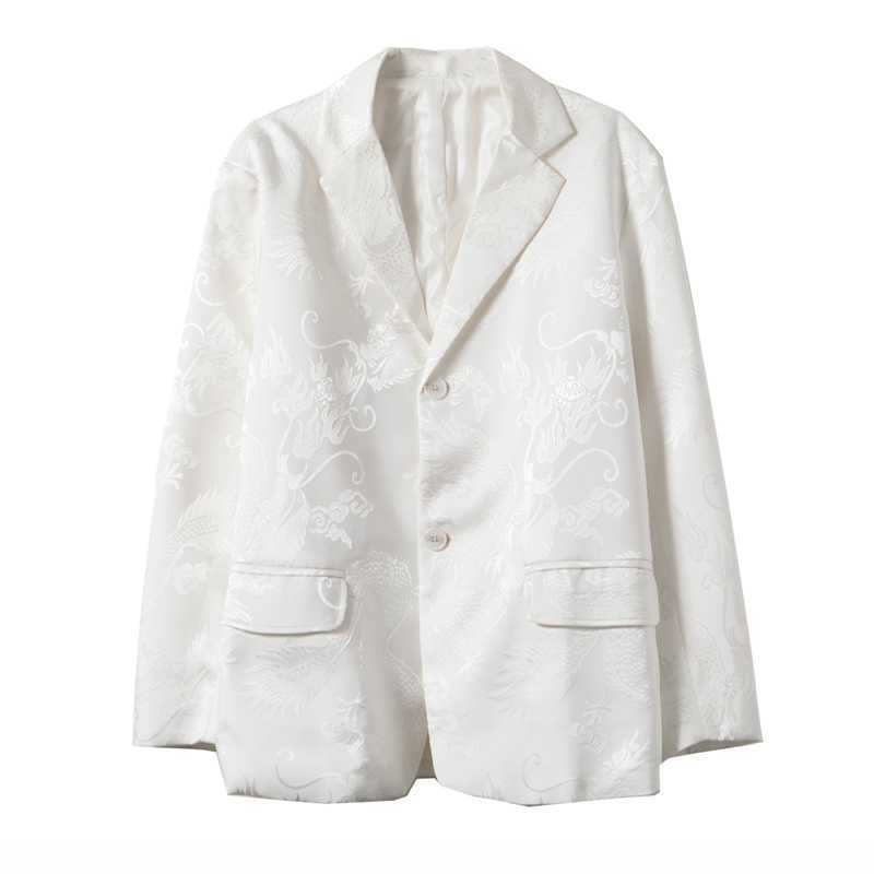 Gothic Vintage Women Jacket Long Sleeve Retro Silky Satin Blazer For Female Fashion Chinese Dragon Print White Outwears 210930