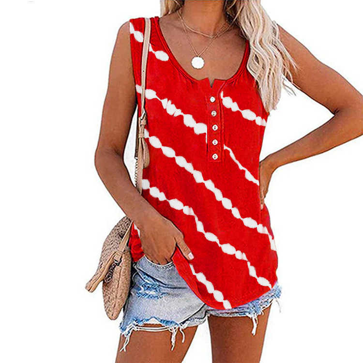 Casual Round Neck Single Breasted Striped Print Sleeveless Tank Top Summer Baggy s for Women Cotton Plus Size Tanks Black 210604