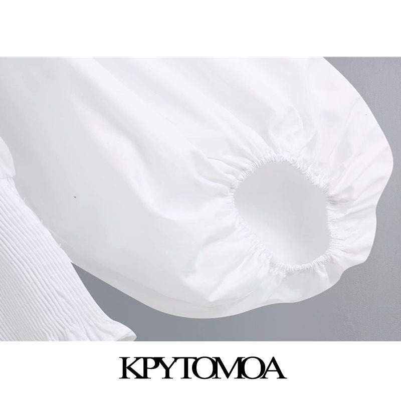 KPYTOMOA Women Sweet Fashion Ruffled Trims Cropped Blouses Vintage Slash Neck Smocked Hem Female Shirts Blusas Chic Tops 210225