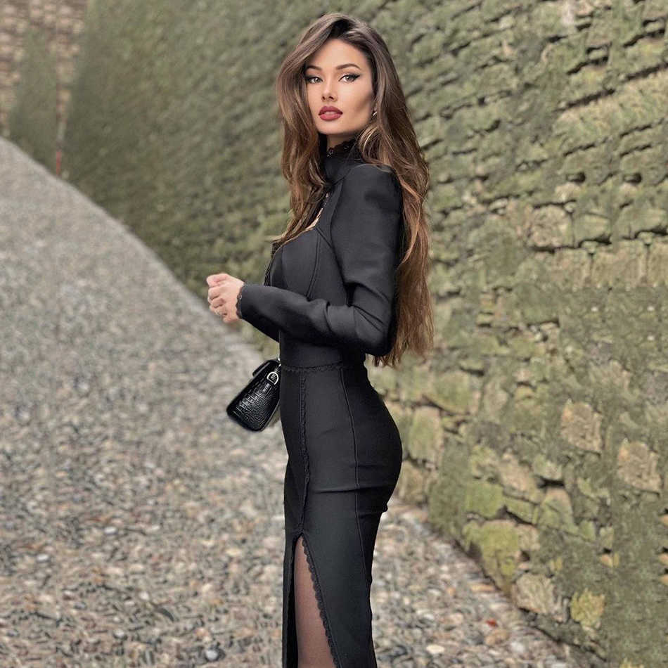 Winter Women'S Fashion Sexy Tight Black High-Neck Hollow Long-Sleeved Split Long Celebrity Party Dress 210525