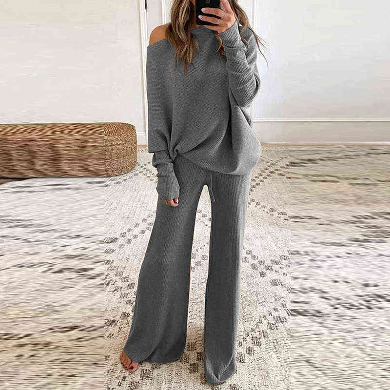 Winter Elegant O-Neck Pullover Tops And Loose Pants Suits Female Rib Streetwear Casual Women Solid Color Two Piece Sets 211105