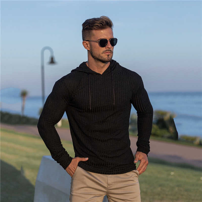 Men's Long Sleeve Hooded Sweaters Spring Autumn Pullovers T Shirt Simple Round Collar Clothing Slim Casual Loose Male Shirts 210629