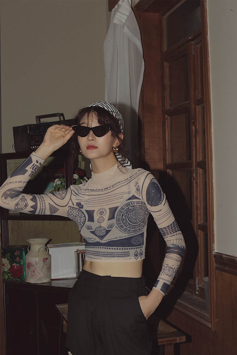 CHEERART Tattoo Print Long Sleeve Crop Top Turtle Neck See Through T Shirt Basic Tshirt Street Fashion Tee Shirt Clothing 210302