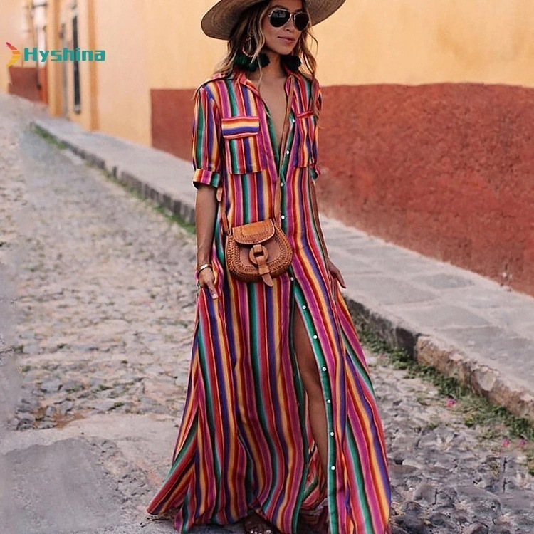 Autumn and Winter Colorful Stripe Printed Bohemian Dress Long Women 201008