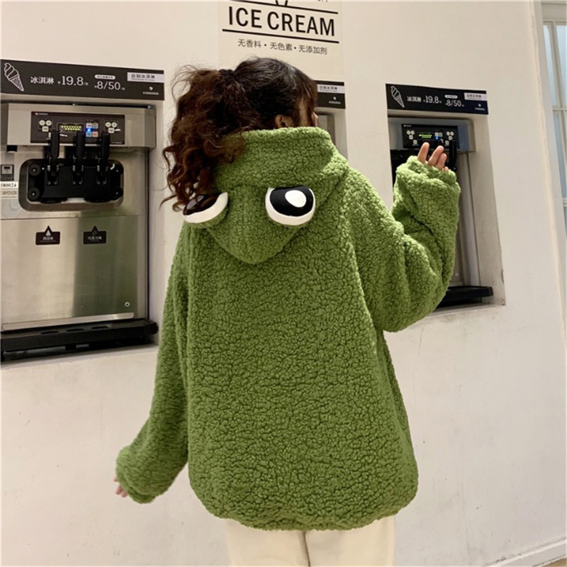 frog hoodie Winter Zipper Plush Comfort Top Winter Thicker Chic cutey coat Outwear Korean Hooded Soft Teens Street Jacket 2xlxl 201112