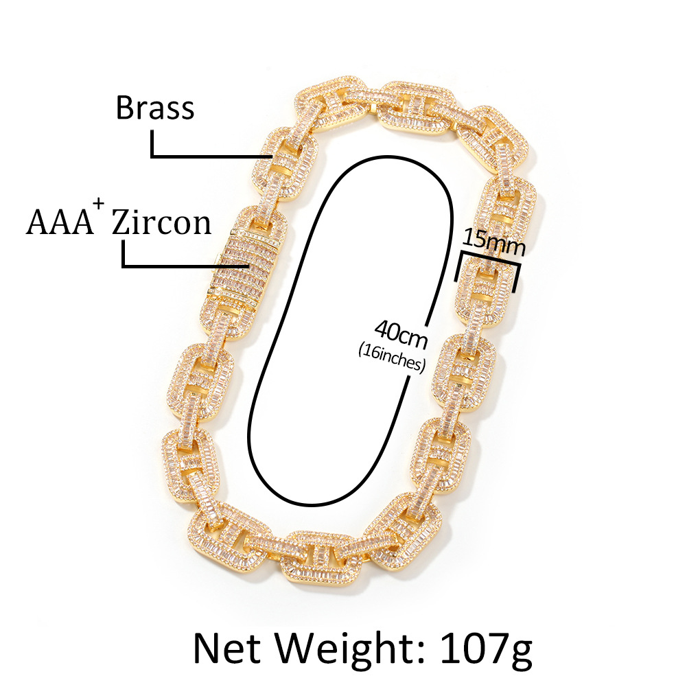 Hip Hop Pig Nose Tennis Chain Necklace Bracelet 15mm Miami Cuban Coffee Bean Chain Necklace Mens Jewelry