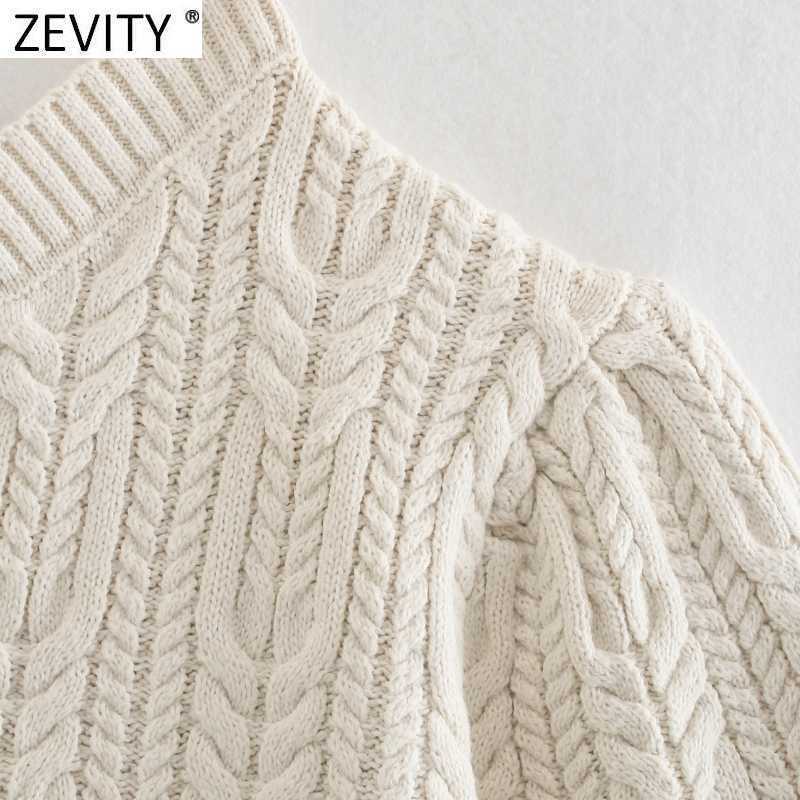 Zevity Women Sexy Asymmetry Single Shoulder Short Crochet Knitting Sweater Female Chic Lantern Sleeve Slim Pullovers Tops CT687 210603