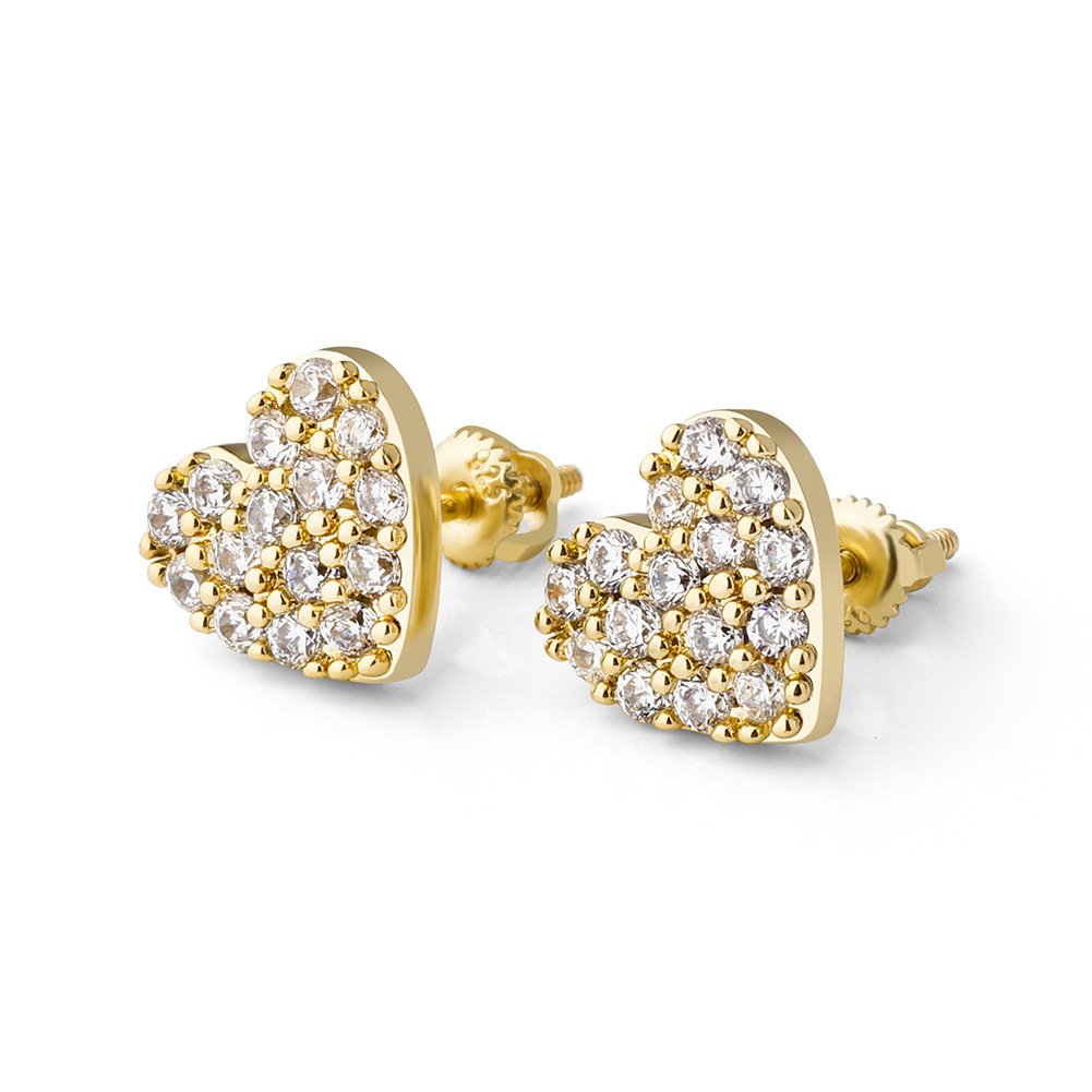 Hip Hop Heart Shape Stud Earring Bling 18K Real Gold Plated 925 Sterling Silver Prevent Allergy Earrings for Women Gift