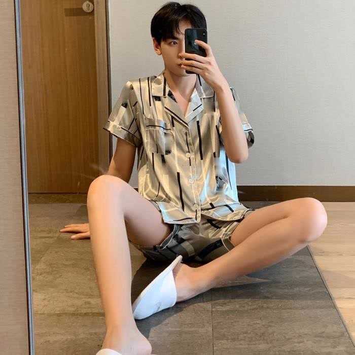Summer Silk Male Sleepwear Men Pyjamas Plus Size 4XL 5XL Short Sleeve Home Wear Autumn Boy Pajama Set Leisure Sleepwear Set 210812