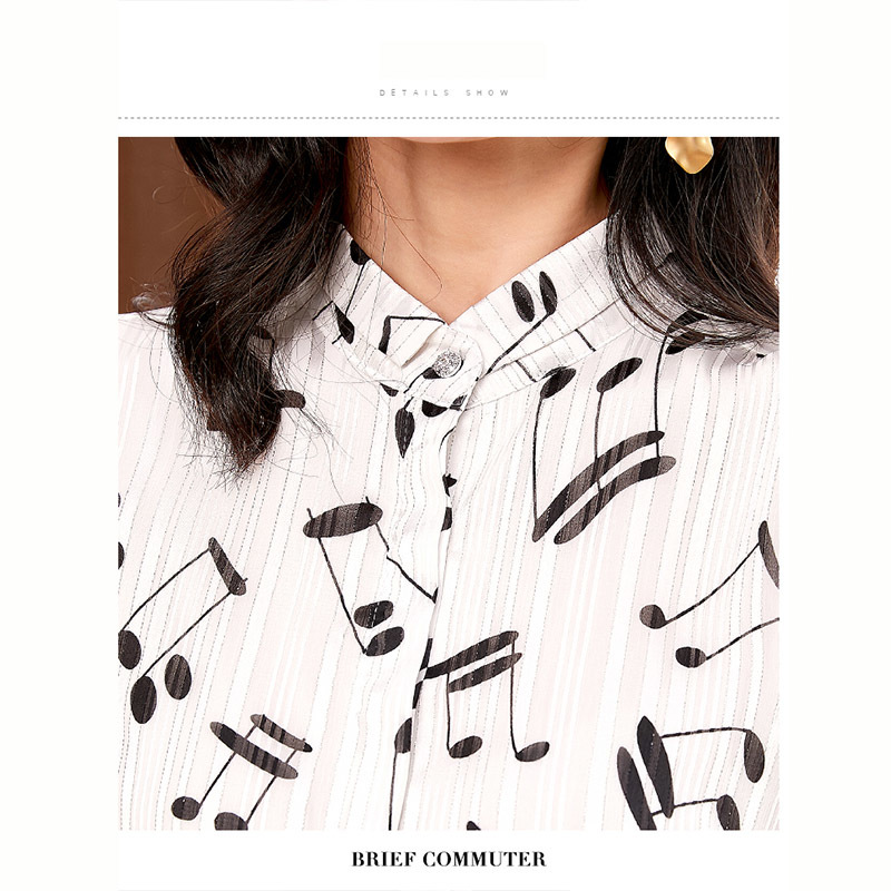 Spring Chiffon Shirt Women White Music Print Turn-down Collar Long Sleeve Thin Blouse Fashion Print Tops T02703B 210225