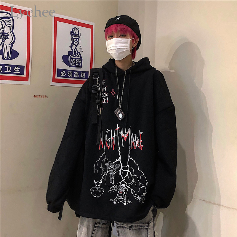 Lychee Harajuku Loose Casual Female Hoodies Pullovers Graffiti Devil Letter Women Hooded Sweatshirt Autumn Lady Sweatshirts Tops 201212