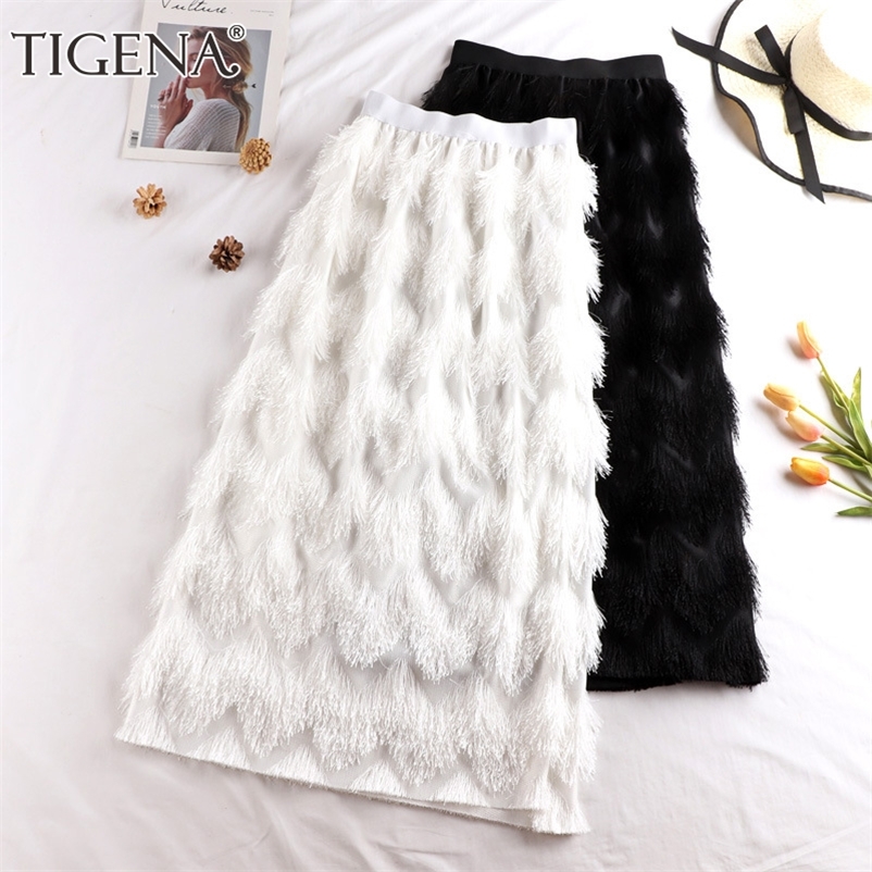 TIGENA Tassel Maxi Skirt Women Fashion Korean Casual Fringe High Waist Straight Long Skirt Female Ladies Black White 210311