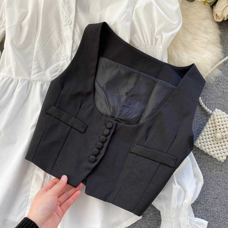 Women Korean Fashion Long Sleeve Shirt + High Street Slim Vest Two-piece Sets R652 210527