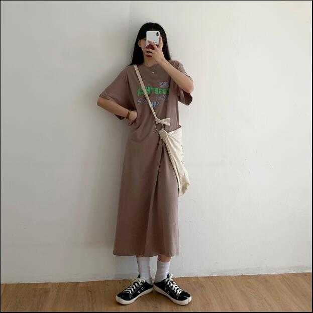 Qooth Casual T shirt Dres Shirt Summer Loose Short-Sleeved Split Female Patchwork Blue Maxi QT090 210609