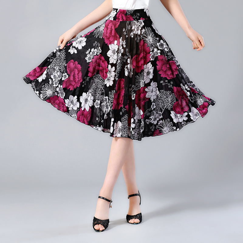 Womens Skirts Summer Autumn Skirt Aline Knee length Floral High Waist Vintage Midi Skirt Women Pleated Elastic Wais Skirt 210306