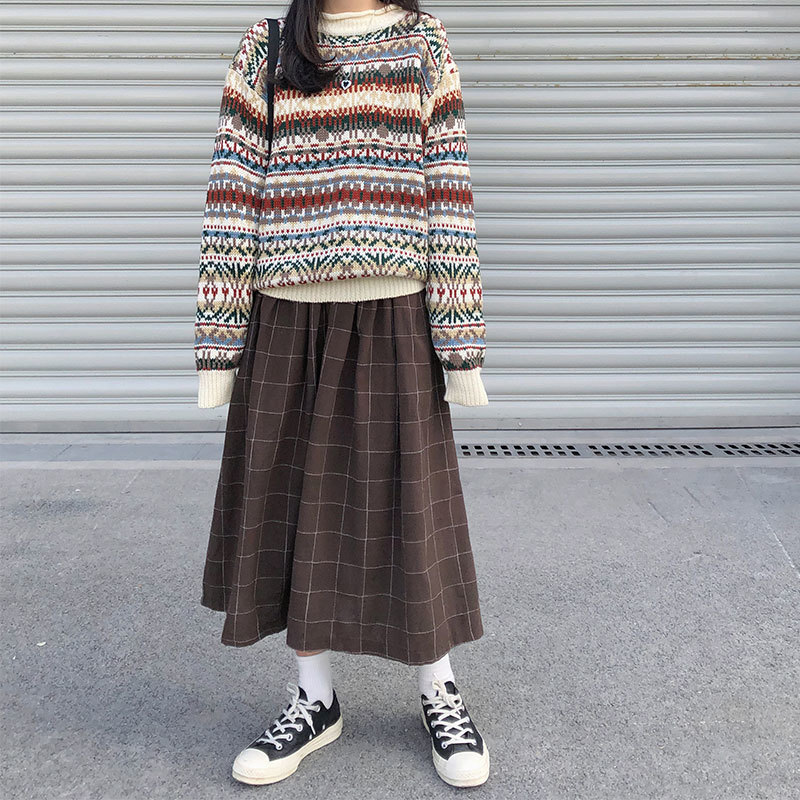 2 colors japanese style high elastic waist Long Skirts Woman autumn winter plaid A-line pleated Skirts womens (X1078) 210309