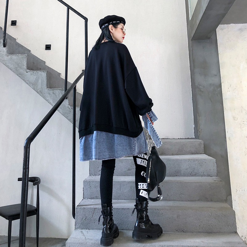 [EAM] Loose Fit Black Denim Irregular Long Sweatshirt New Round Neck Long Sleeve Women Big Size Fashion Tide Spring 1Y706 201030