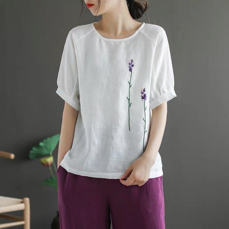 T-shirts Women Summer Vintage Floral Embroidery Casual Tops Shirt New Fashion All-match Cotton Linen Female Tee Shirt P683 210306