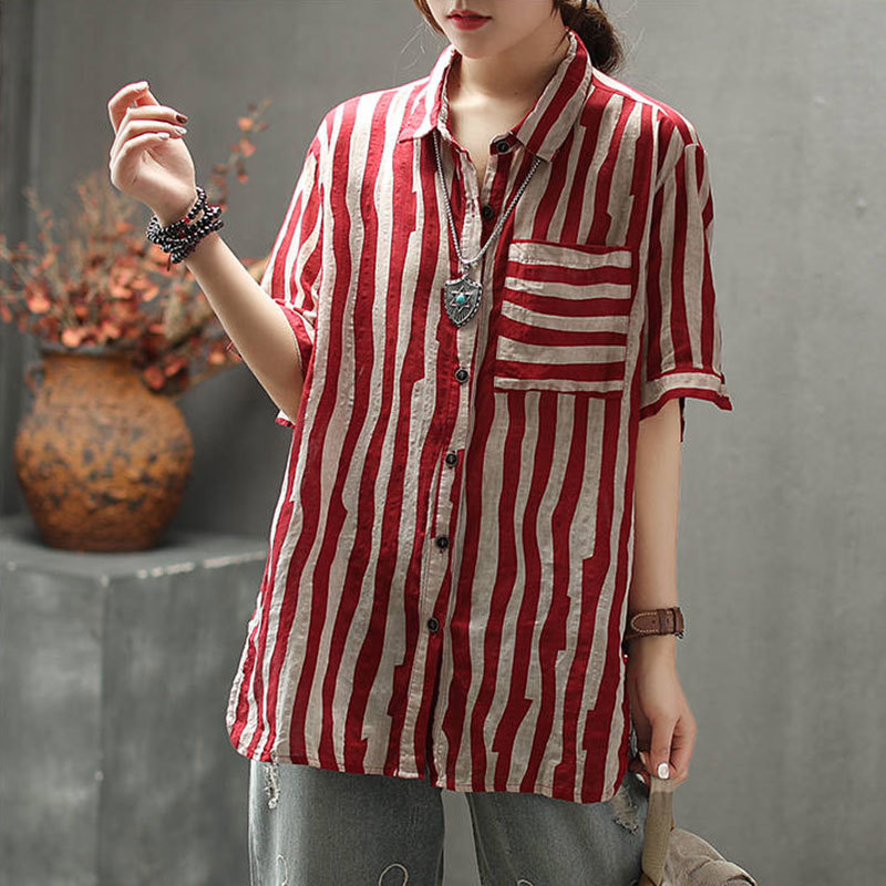 F&je New Arrival Women Shirts Plus Size Summer Vintage Striped Linen Blouse Turn-down Collar Female Loose Casual Ladies Tops D2 210225