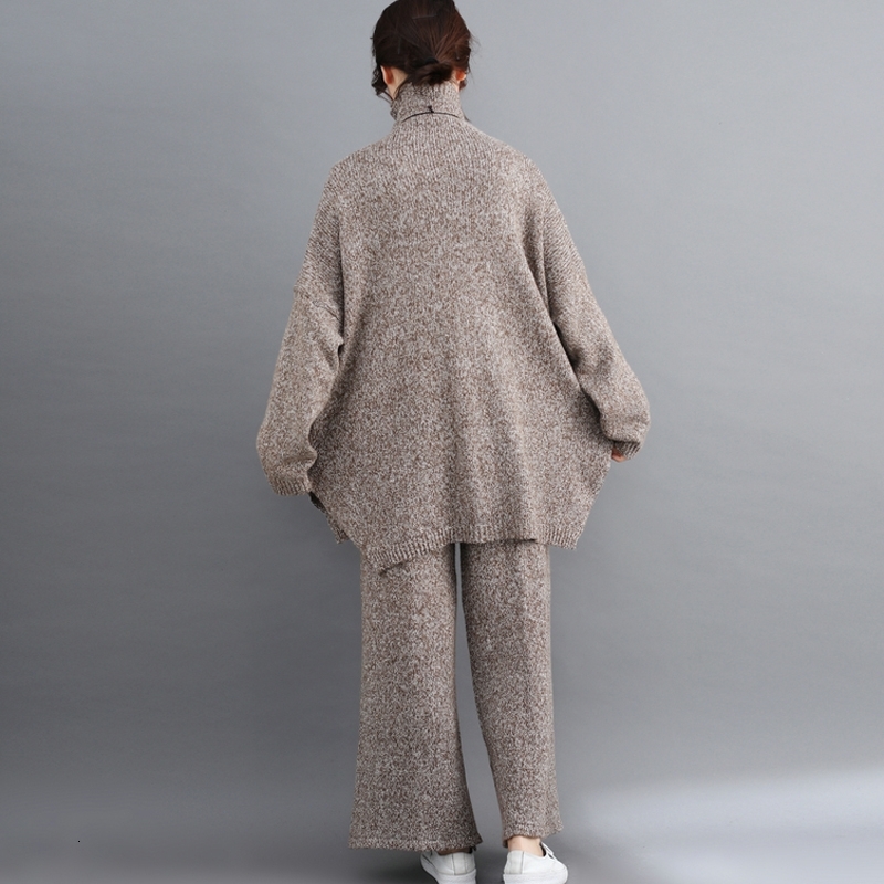 Plus size large Tracksuit knitted fot Women Outfits 2 Piece Set Winter Knitting Sweater Suit Top Loose Pants suit Female Clothes T200706