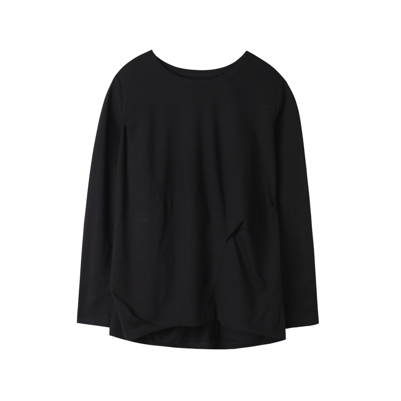 [EAM] 2021New Spring Autumn Round Neck Long Sleeve Black Fod Split Joint Loose Elastic T-shirt Women Fashion Tide JE82701S 210302