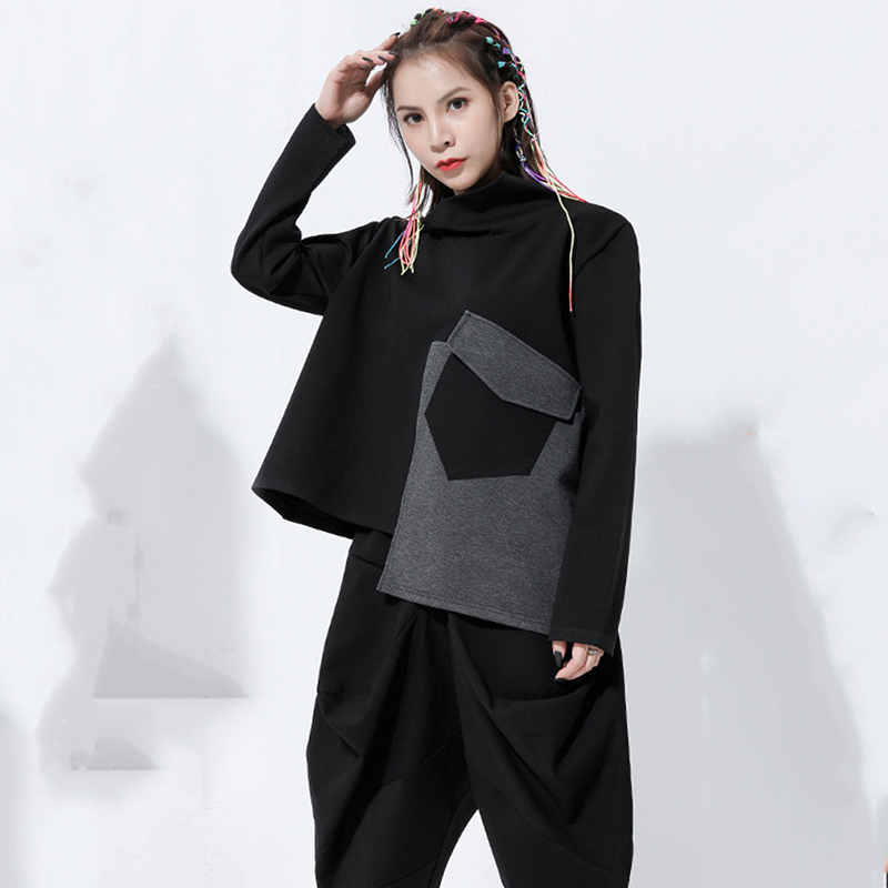 [EAM] Loose Fit Pocket Split Joint Sweatshirt New Turtleneck Long Sleeve Women Big Size Fashion Tide Spring Autumn LJ201130