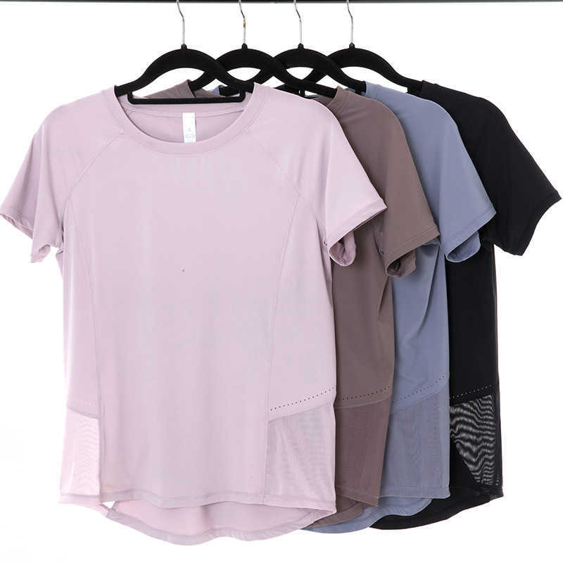 L-045 Womens Mesh Back Breathable Yoga Sports Tops Solid Color Quickly Dry Shirt Running Fitness Casual Gym Clothes Women Short Sleeve Tee T-Shirt