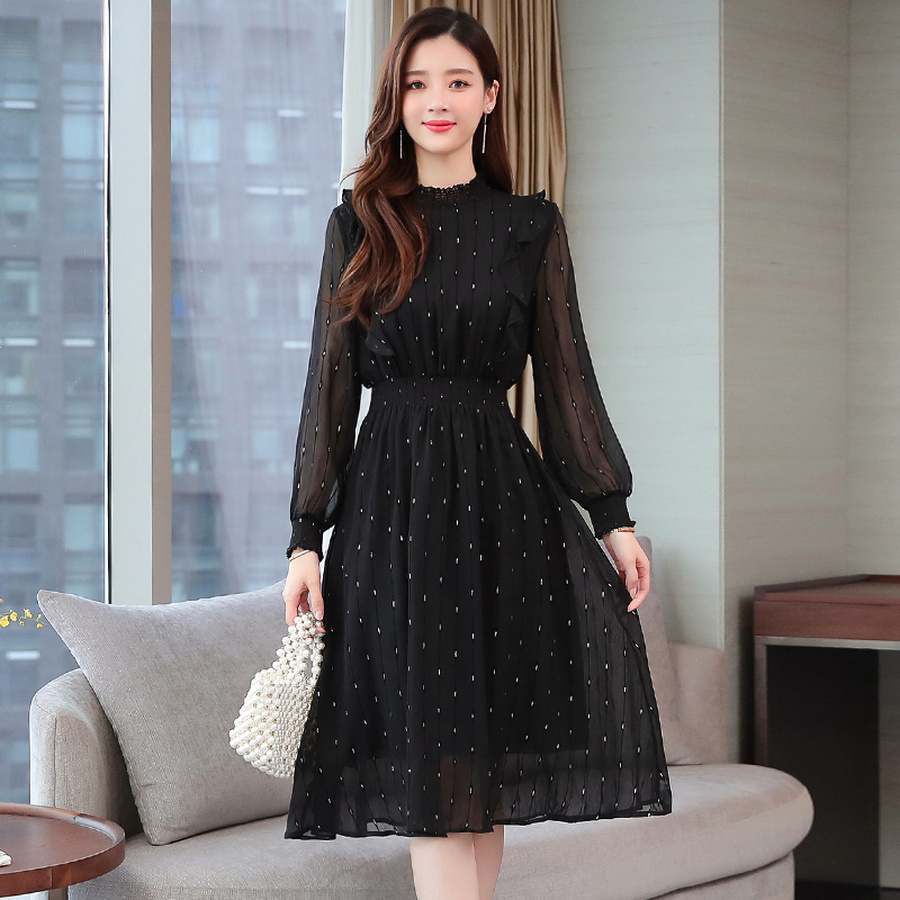 Vintage Striped Chiffon Long Sleeve Midi Dresses Autumn Winter Plus Size Women Bodycon Dress Elegant Party Femal Vestidos 201008