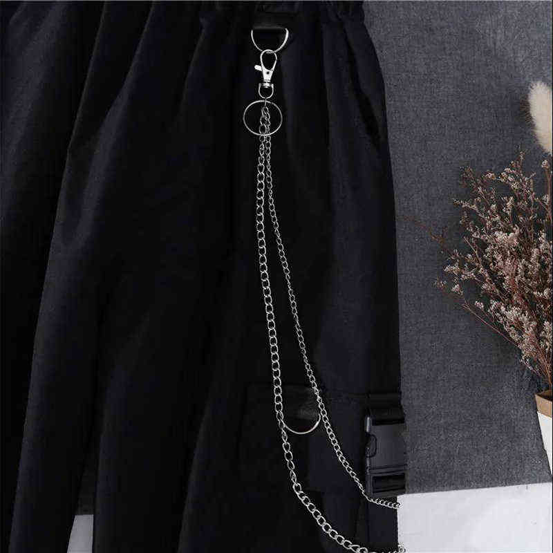 Spring Autumn Women Harajuku Cargo Pants Handsome Cool Two-piece Suit Chain Long Sleeve+Ribbon 211115